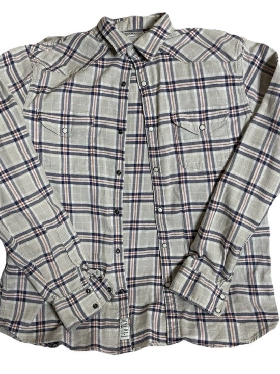 Lucky Brand Other - Lucky Brand L Flannel Western Pearl Snap Plaid Shirt Blue Gray Long